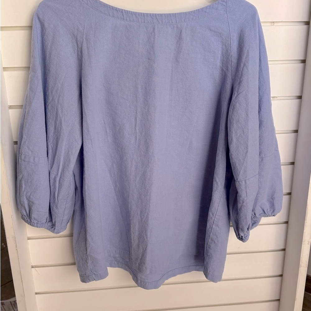 LOFT Blue Linen Puff Sleeve Blouse